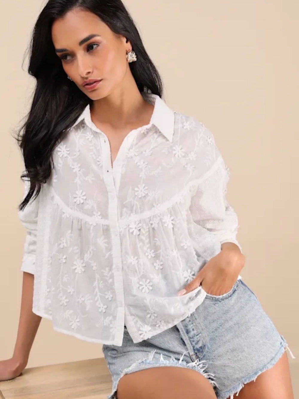 Lulus White 3D Floral Appliqué Embroidered Button Down
